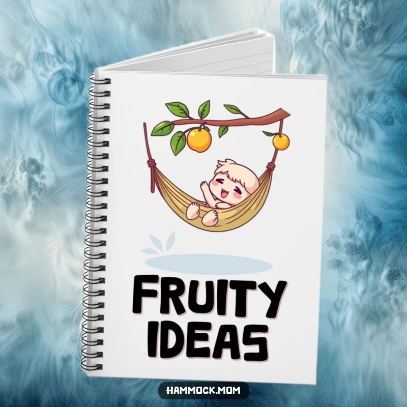 Funny notebook with a character in a hammock, reaching for a dangling fruit, inspiring relaxed and humorous note-taking.