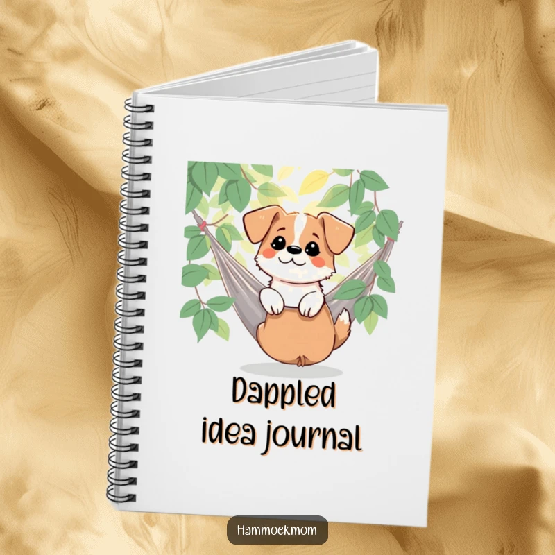 Funny dog enjoying dappled sunlight by a hammock on a notebook cover, ideal for nature journaling and as a funny gift.