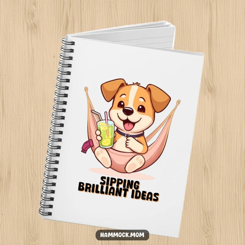 Funny dog notebook featuring a dog relaxing in a hammock with a drink, ideal for jotting down ideas with a humorous flair.