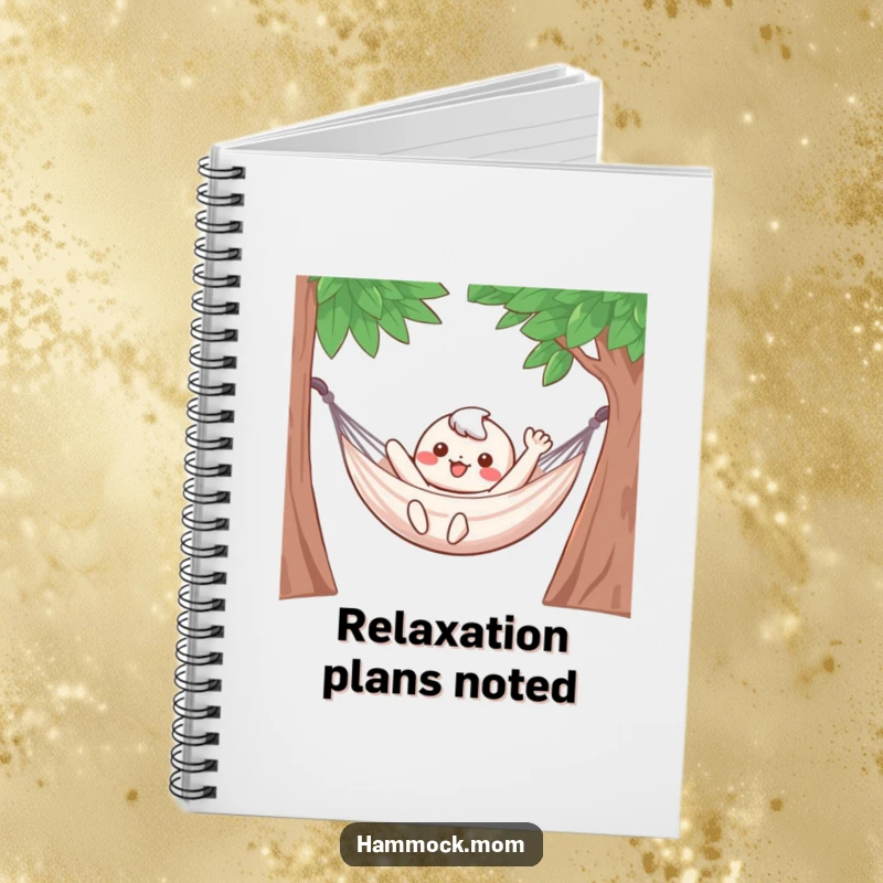 Funny Notebook: A kawaii character waves from a hammock, ideal for writing your relaxing thoughts.