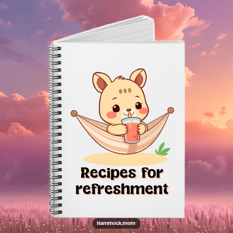 Funny notebook with a cover featuring a relaxed hammock animal offering a cool drink with a straw, perfect for jotting down ideas humorously.