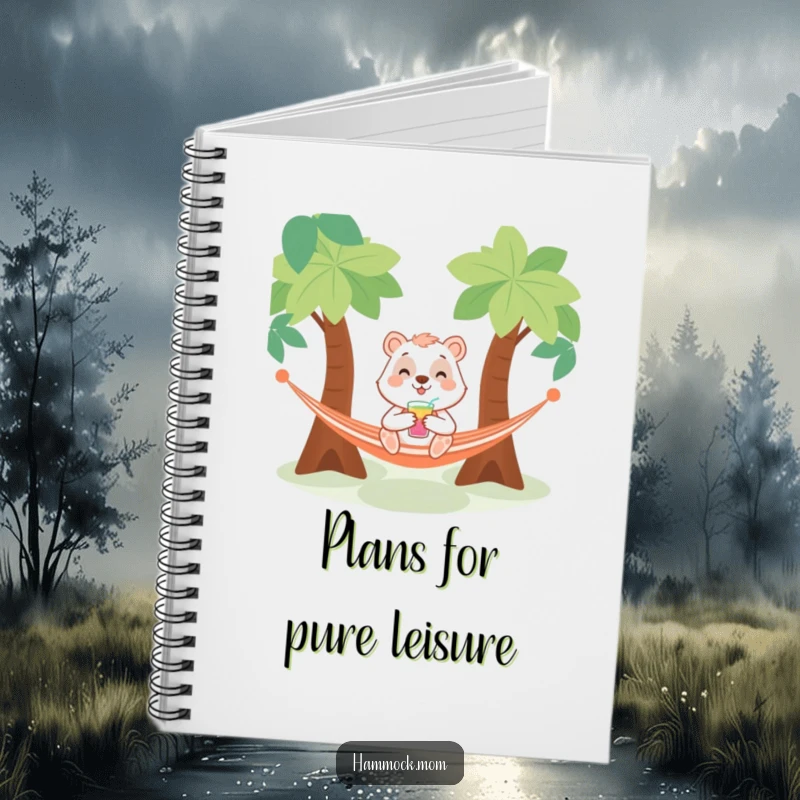 Funny notebook cover featuring a smiling animal character with a drink, relaxing in a hammock, perfect for jotting down thoughts with humor.