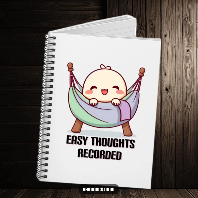 Funny notebook with a kawaii hammock character sighing happily, fully at ease, ideal for journaling peace and contentment.