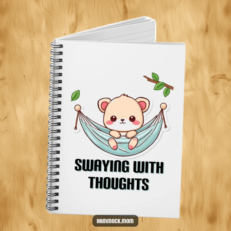Funny Kawaii Hammock Notebook with a cute character swaying gently, perfect for journaling and gifts.