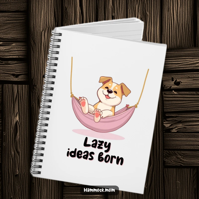 Funny dog notebook featuring a dog lazily stretching its paws in a cozy hammock, ideal for jotting down relaxed ideas.