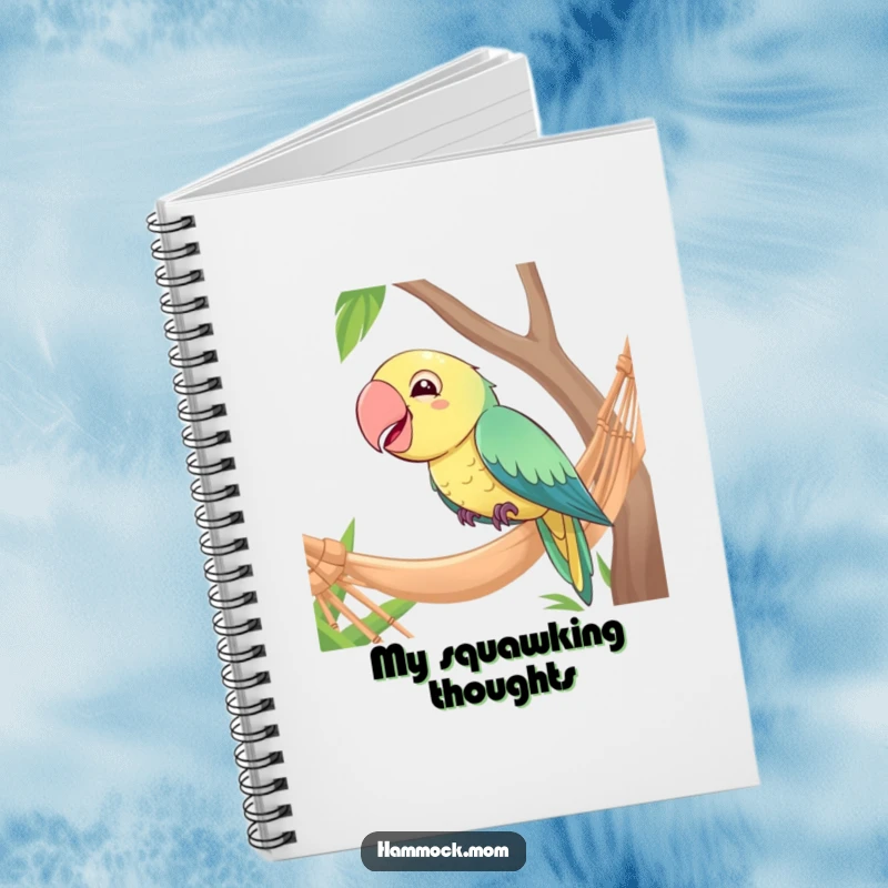 Funny notebook featuring a giggling parrot perched on the edge of a hammock, designed for note-taking.