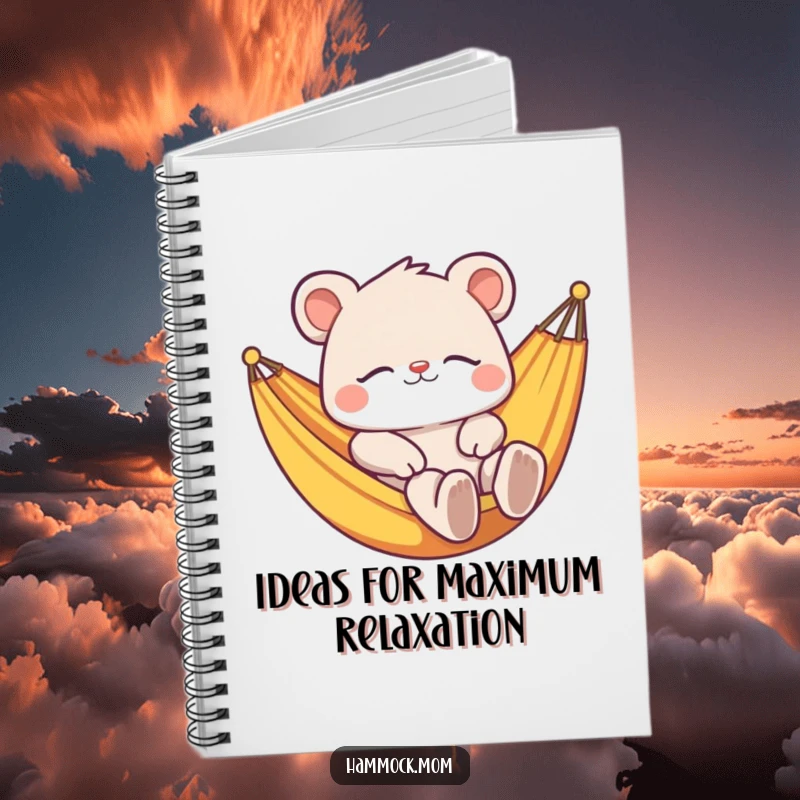 Funny notebook cover with a relaxed animal character lounging contentedly in a hammock, encouraging peaceful thoughts and creative writing.
