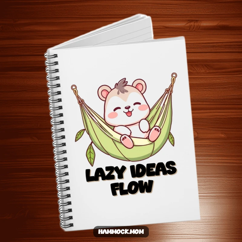 Funny waving animal character notebook, lazy in a hammock, calm stationery, humorous gift for note-takers.