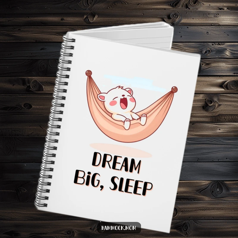 Funny yawning animal character notebook, sleepy in a hammock, calm stationery, humorous gift for note-takers.
