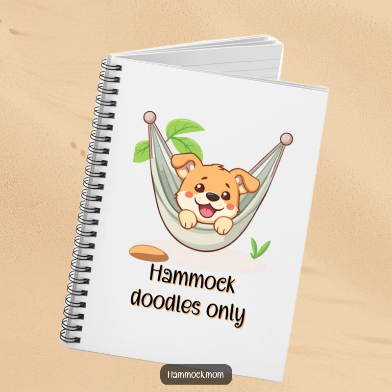 Funny dog peeking from a hammock with an amused expression, featured on a notebook cover, perfect for journaling and as a funny gift.