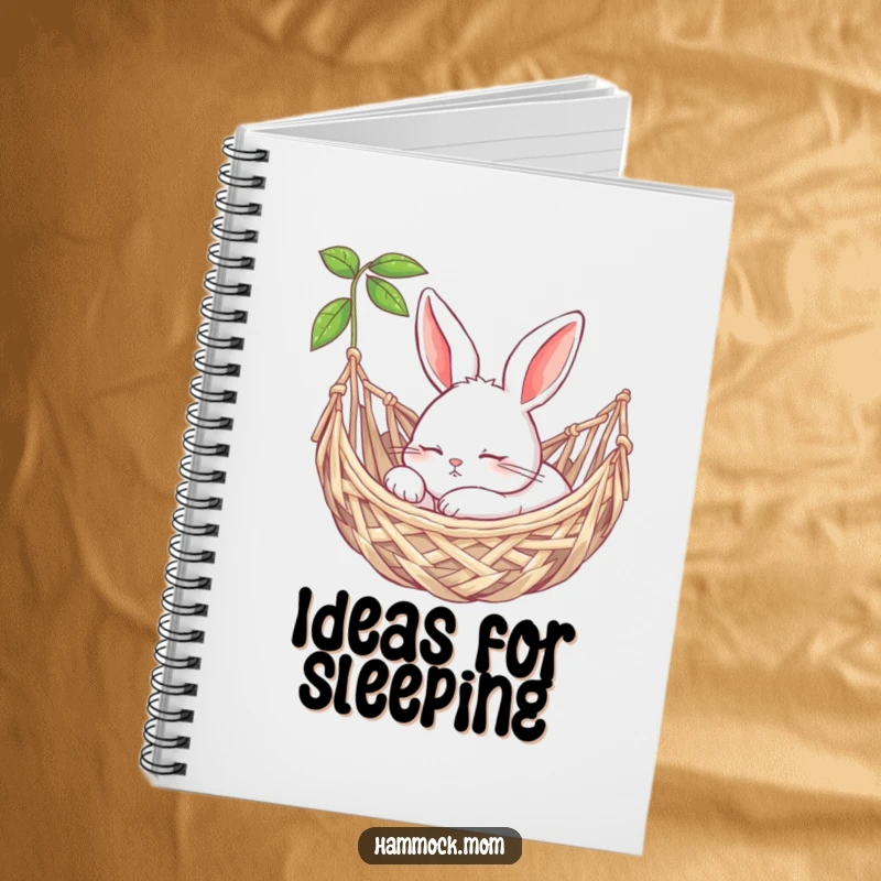 Funny bunny peacefully snoozing in a woven hammock on the cover of a notebook, inspiring calm thoughts.