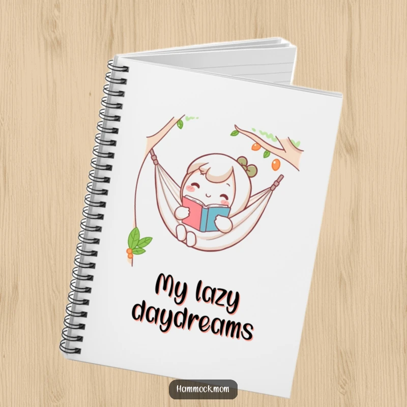 Funny Kawaii hammock notebook featuring a character holding a book, looking relaxed, perfect for journaling.