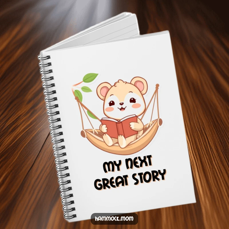 Funny notebook cover with a happy animal character reading a book in a hammock, encouraging creative writing and book-related entries.