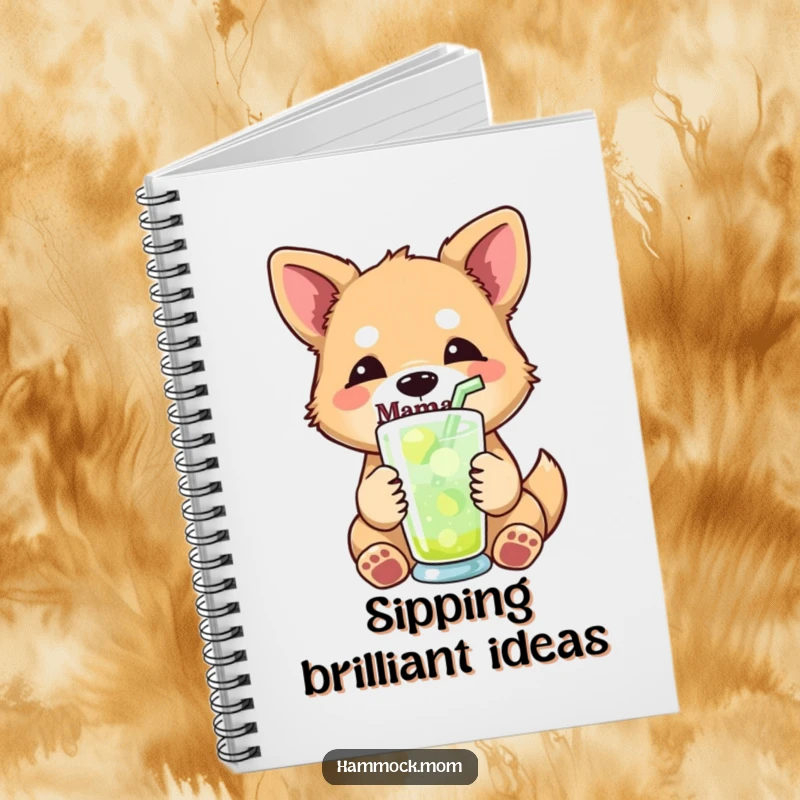 Funny mama dog notebook cover showing a mama dog with a relaxed expression, holding a refreshing drink with a straw, perfect for planning relaxation.