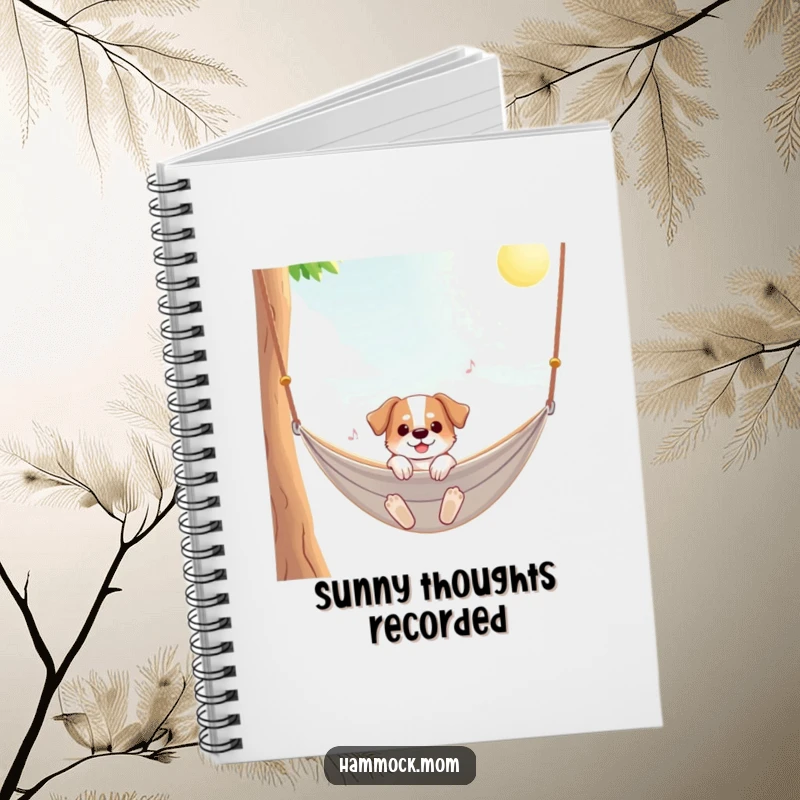 Funny dog notebook featuring a dog happily swaying in a hammock on a sunny day, ideal for jotting down bright ideas.