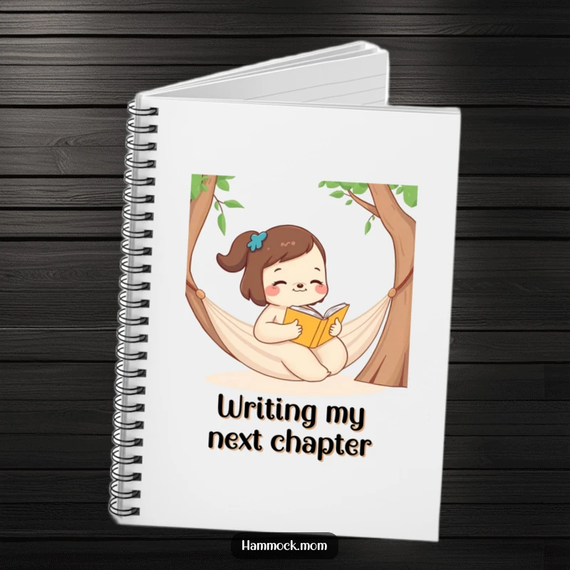 Funny Notebook featuring a mom animal reading a book in a hammock, great for writing funny stories.