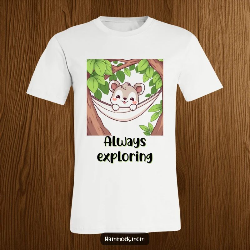 Funny t-shirt showing a curious animal character peeking over the edge of a hammock with a wide, playful grin, inviting interaction.