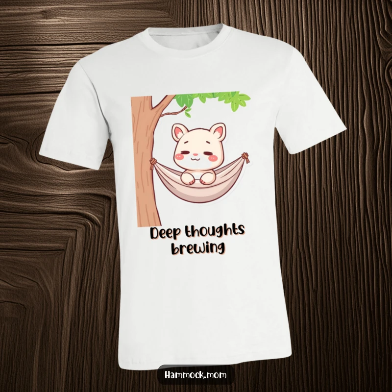 Funny Hammock Mom Animal T-Shirt: A cartoon mom animal lounging in a hammock, smiling faintly, lost in thought, a humorous gift.