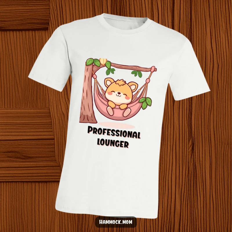 Funny t-shirt with a smiling animal character blissfully lounging in a hammock, radiating peace and relaxation. A humorous expression of chill vibes.