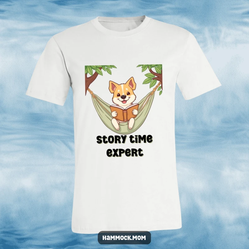 Funny dog t-shirt showing a dog smirking while reading a book in a hammock, perfect for literary humor.