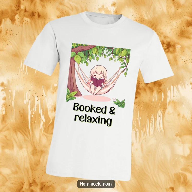 Funny t-shirt of a character reading a book in a hammock, capturing the cozy joy of literature and relaxation humorously.