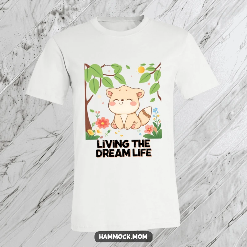 Funny T-Shirt with a delighted animal character blissfully dreaming, surrounded by nature, making it a humorous and heartwarming piece.