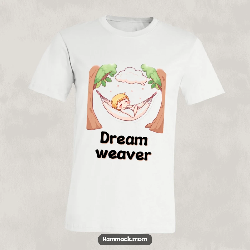 Funny t-shirt with a character napping in a hammock under soft, fluffy clouds, perfect for dreamers.