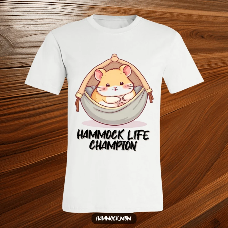 Funny T-Shirt: A happy hamster is curled up soundly in a small, cozy hammock, depicting ultimate comfort.
