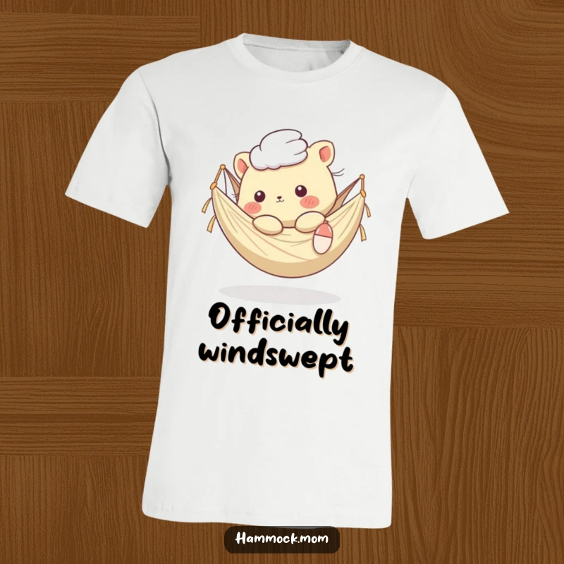 Funny Kawaii Animal T-Shirt: Adorable creature lounging in a hammock, fur ruffled by a soft breeze, conveying pure happiness.