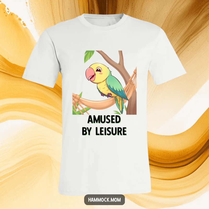 Funny T-Shirt: A giggling parrot sits on the edge of a hammock, looking thoroughly amused by something unseen.
