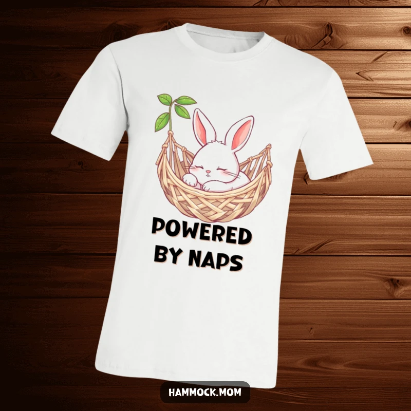 Funny content bunny peacefully snoozing in a woven hammock on a t-shirt, promoting relaxation and sweet dreams.