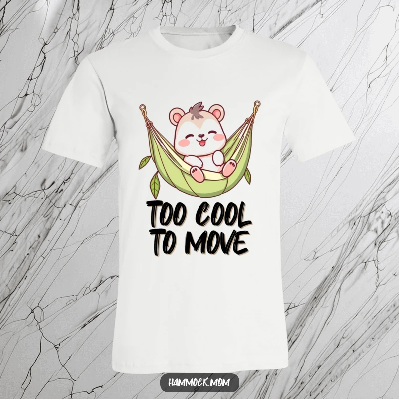 Funny waving animal character t-shirt, lazy in a hammock, relaxed greeting pose, humorous gift for chill seekers.