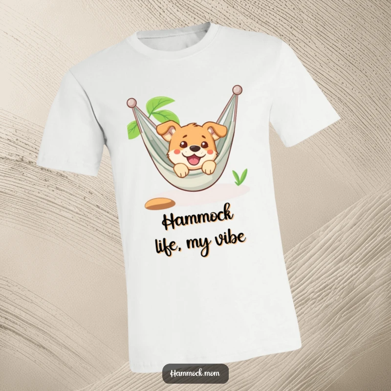 Funny dog peeking from a hammock with a look of pure amusement, printed on a comfortable t-shirt, great for gifting.