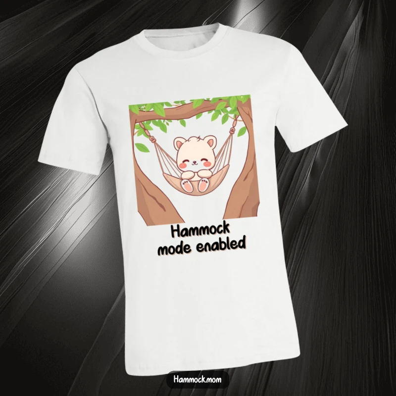 Funny animal character mom gently swinging in a hammock, embodying relaxation, humorous graphic t-shirt.