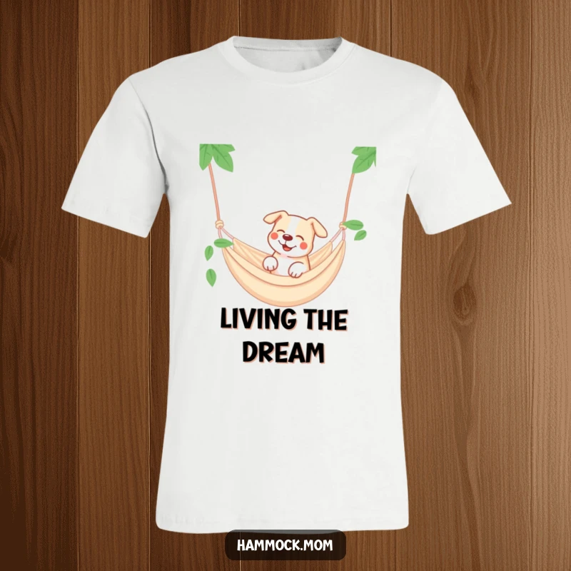 Funny dog hammock t-shirt, a content canine smiling dreamily, ultimate relaxation graphic.