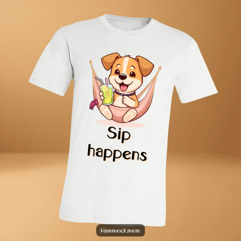 Funny dog t-shirt featuring a dog relaxing in a hammock while holding a drink, perfect for happy hour vibes.