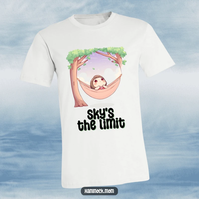 Funny t-shirt featuring a character looking up at the sky from a cozy hammock, a humorous depiction of peaceful observation.