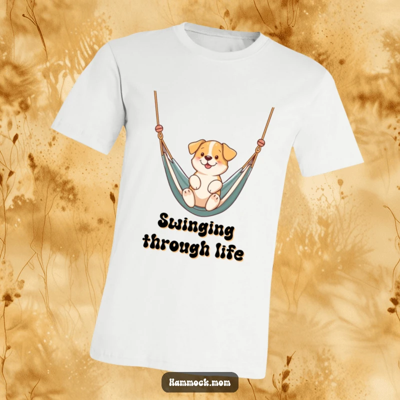 Funny dog gently swinging in a hammock, printed on a t-shirt, representing relaxation and humor, a great funny gift.