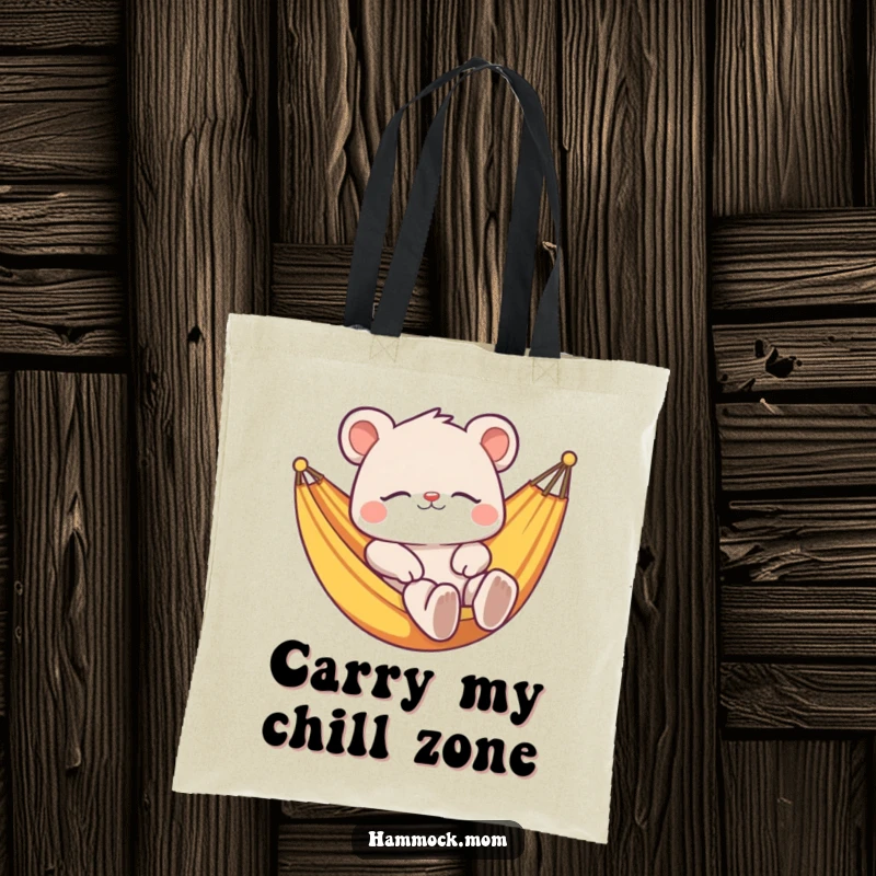 Funny tote bag with a contented animal character lounging blissfully in a hammock, representing a carefree and relaxed lifestyle.