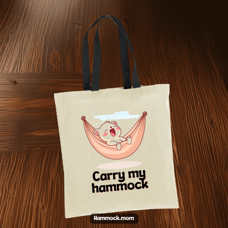 Funny yawning animal character tote bag, chilling in a hammock, breezy and lazy design, cute and practical accessory, great humorous gift.