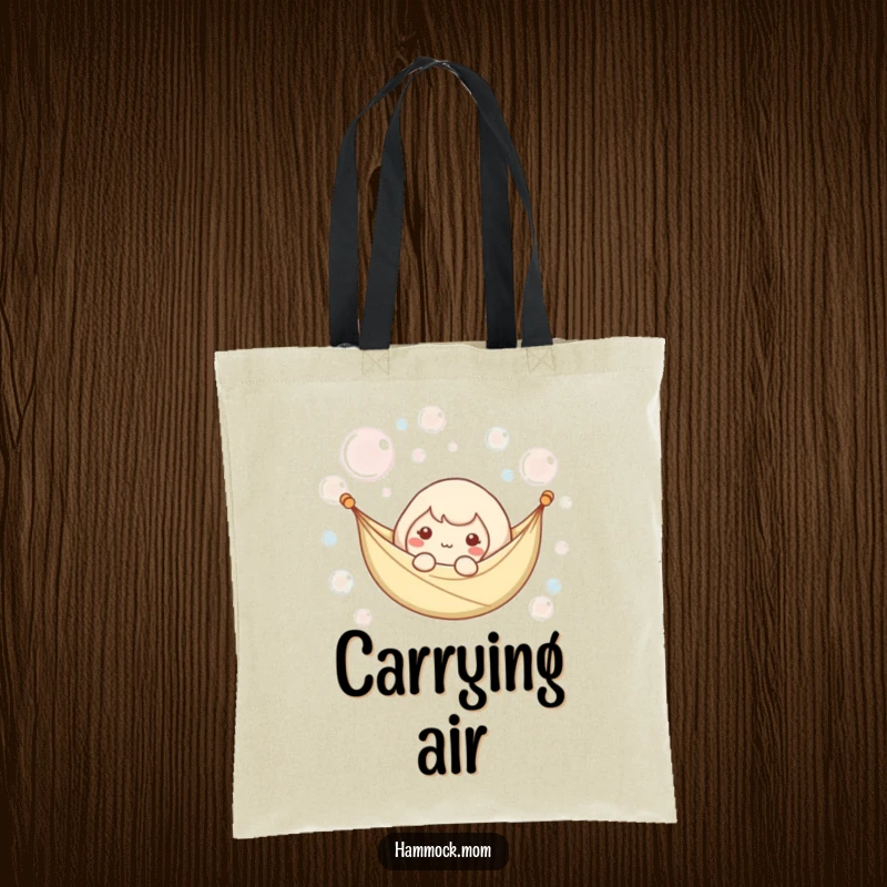 Funny tote bag with a kawaii hammock character floating amongst gentle bubbles, perfect for carrying zen and daily items.