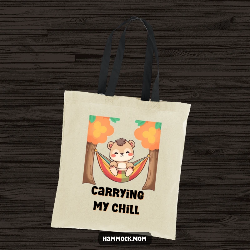 Funny relaxed animal character gently swaying in a colorful hammock between two trees, on a durable and funny tote bag.