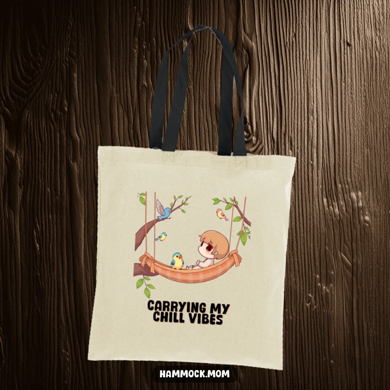 Funny Tote Bag depicting a character in a hammock, gazing at flying birds, showcasing a blend of practicality and lighthearted humor.