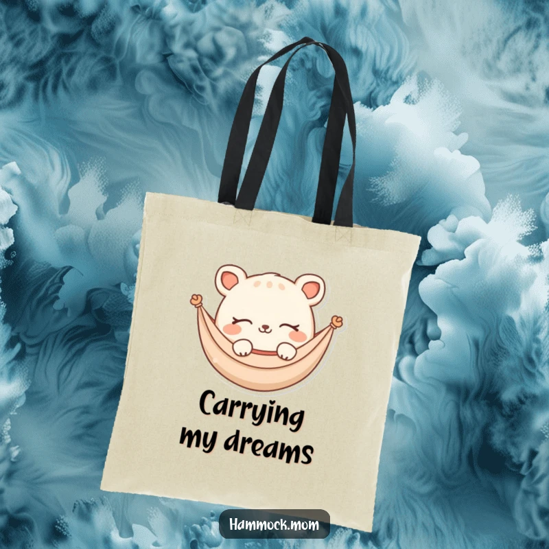 Funny Tote Bag: A cute hammock animal character dreaming with closed eyes and a soft smile, perfect for carrying dreams and essentials.