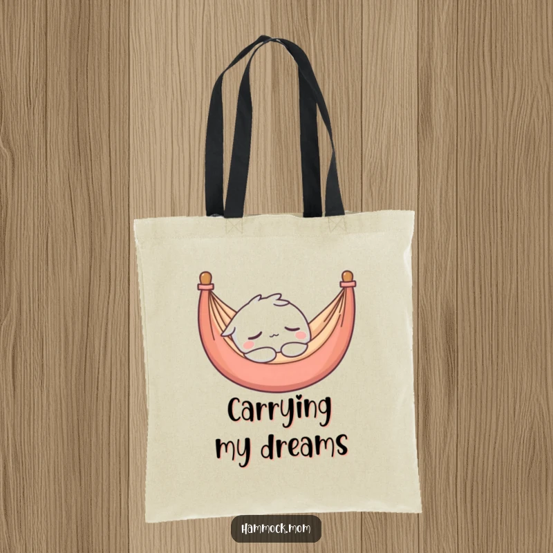 Funny tote bag with a cute kawaii hammock character asleep, embodying peaceful relaxation and ideal for daily errands.