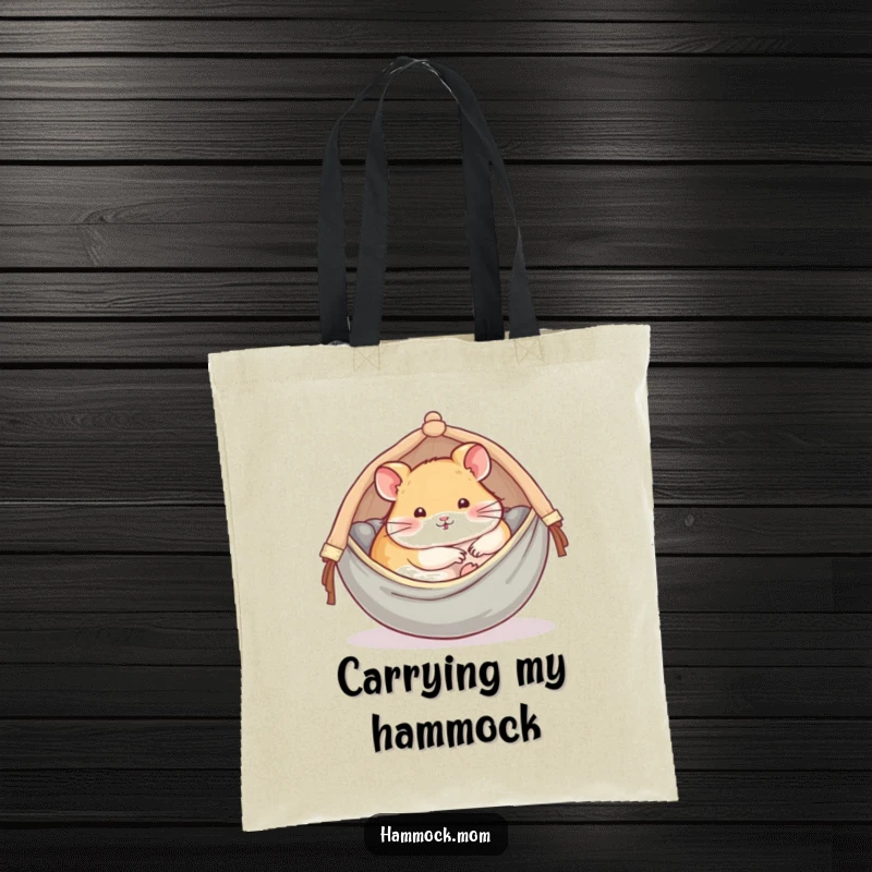 Funny tote bag with a happy hamster nestled comfortably in a small, cozy hammock, ideal for relaxation.
