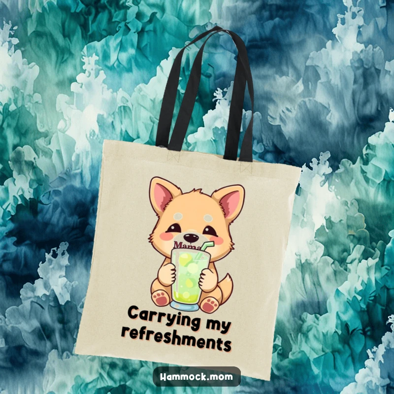 Funny mama dog tote bag illustrating a mama dog with a relaxed expression, holding a refreshing drink with a straw, perfect for cool vibes.