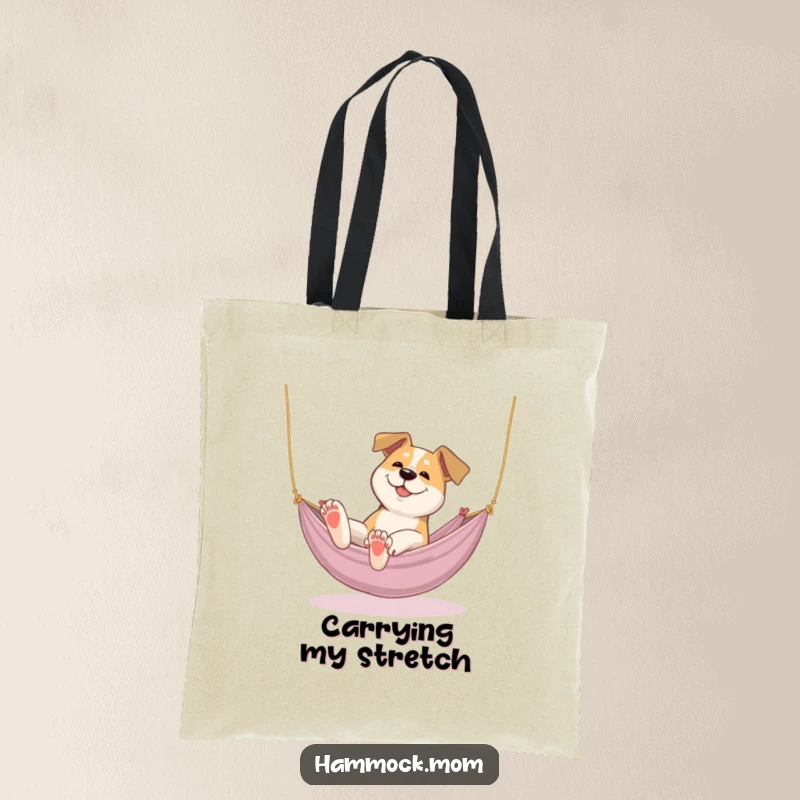 Funny dog tote bag illustrating a dog lazily stretching its paws in a cozy hammock, perfect for carrying items with humor.