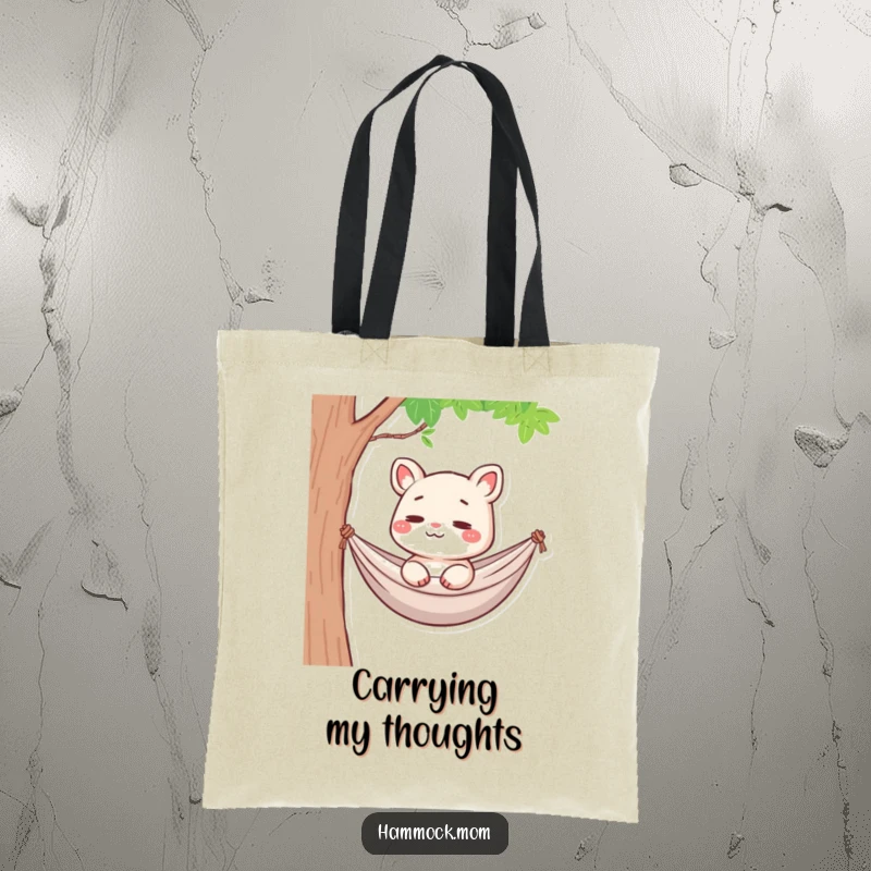 Funny Hammock Mom Animal Tote Bag: A cartoon mom animal in a hammock, faintly smiling, lost in thought, a funny carry-all.