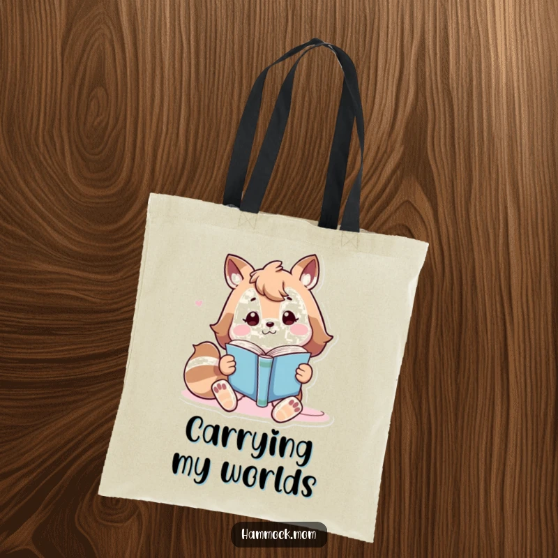 Funny playful animal character lounging with a book, humorous and practical tote bag.